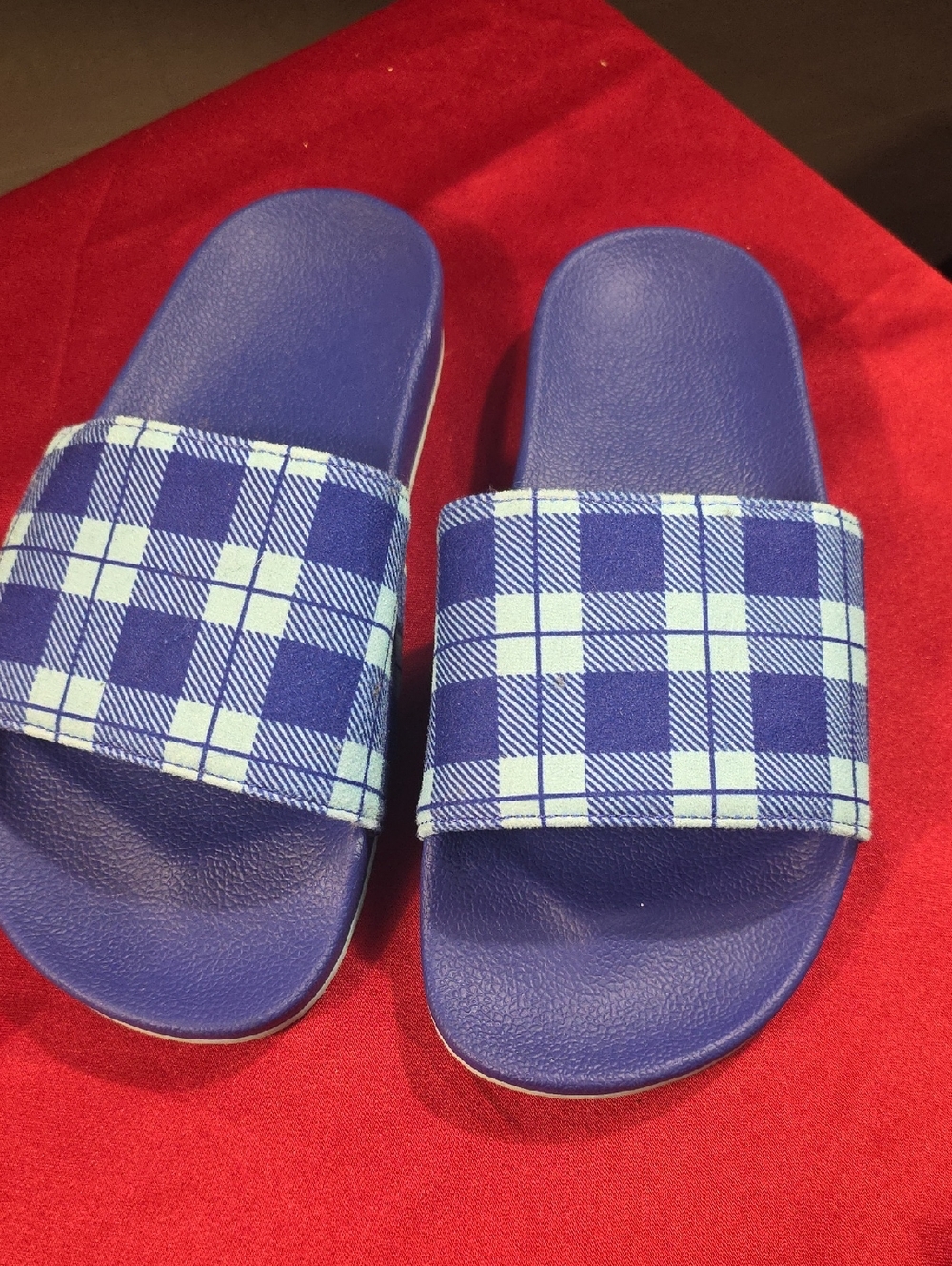 Blue Plaid Slide Sandals